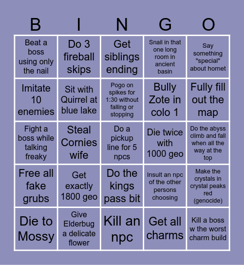 Hollow Knight Bingo Card