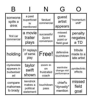 SUPER BOWL 2025 Bingo Card