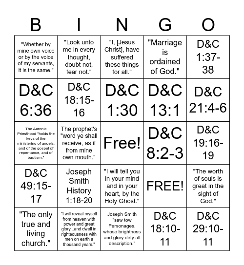 Doctrine & Covenants Part I BINGO Card