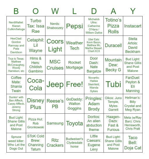 SUPERBOWL 2025 Bingo Card