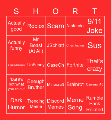 YouTube Shorts Bingo Card