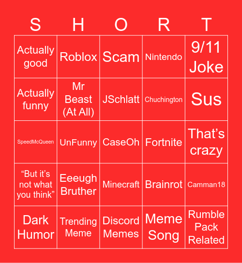 YouTube Shorts Bingo Card