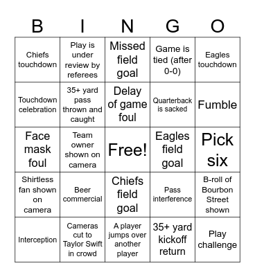 Super Bowl Bingo Card