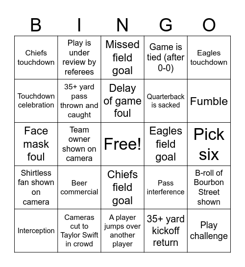 Super Bowl Bingo Card