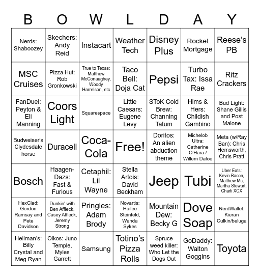 SUPERBOWL 2025 Bingo Card