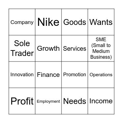 Nature of Business Bingo Card
