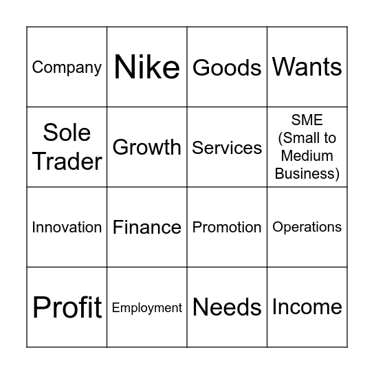 Nature of Business Bingo Card