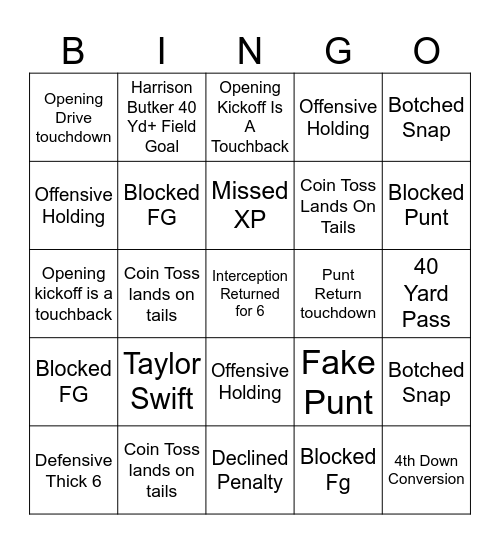 Super Bowl LVIX Bingo Card