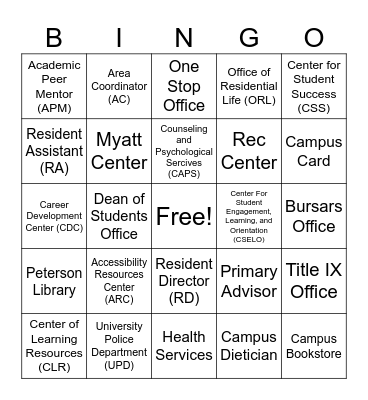 Campus Resource Bingo! Bingo Card