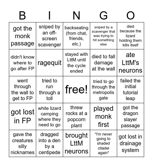 rain world first playthrough (SPOILERS + MSC) Bingo Card