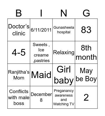 Ranjitha's baby shower Bingo Card