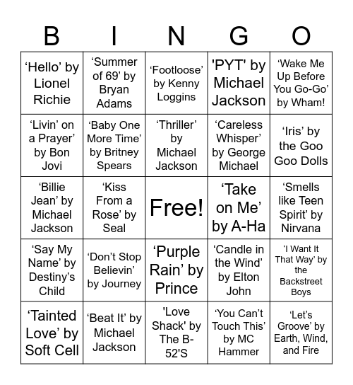 Songs of the 80s and 90s Bingo! Bingo Card