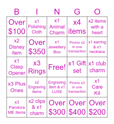 BINGO (Each square is one transaction) Bingo Card