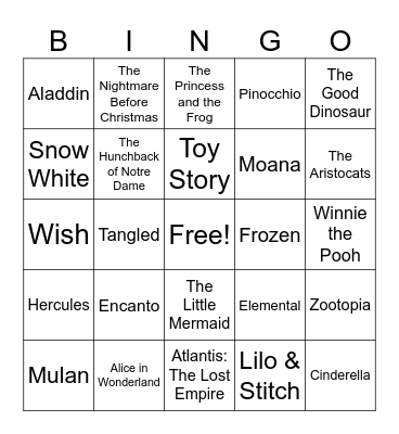 Disney Movies Bingo Card