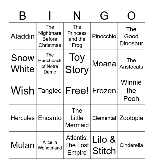 Disney Movies Bingo Card