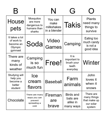 Main Idea and Topic Bingo Card