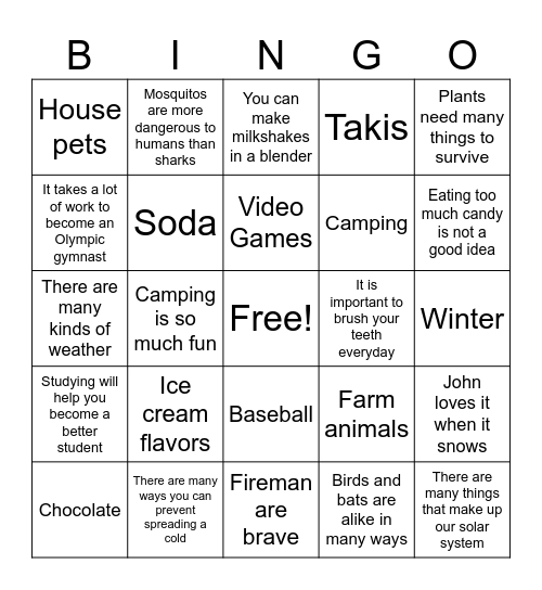 Main Idea and Topic Bingo Card