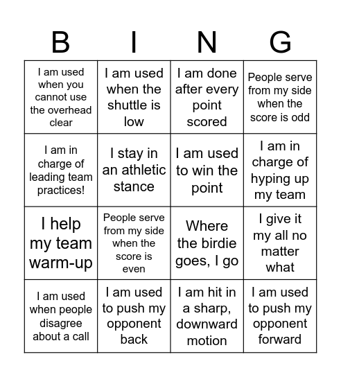 Badminton Bingo Card