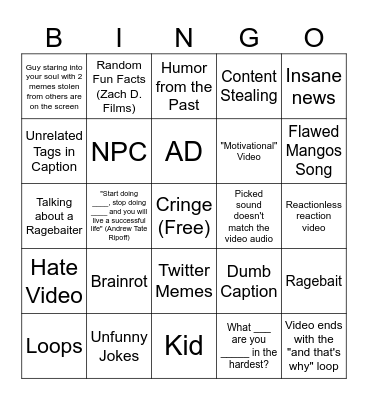 Youtube Shorts Bingo Card