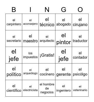 Sp3Ch4 Profesiones Bingo Card