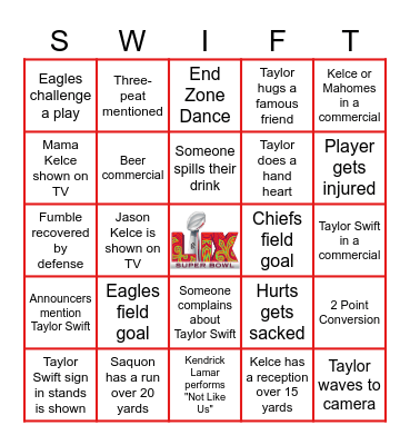 Taylor Swift Super Bowl Bingo Card
