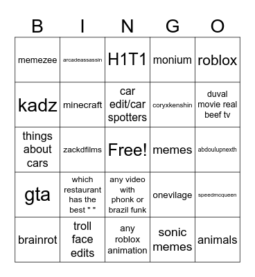 yt shorts bingo board Bingo Card