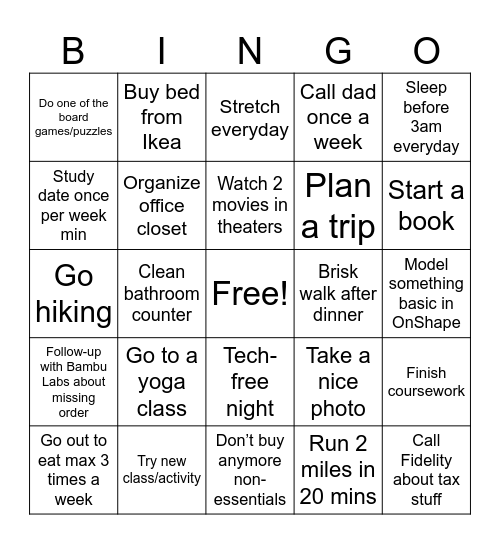 Resolution Bingo Card