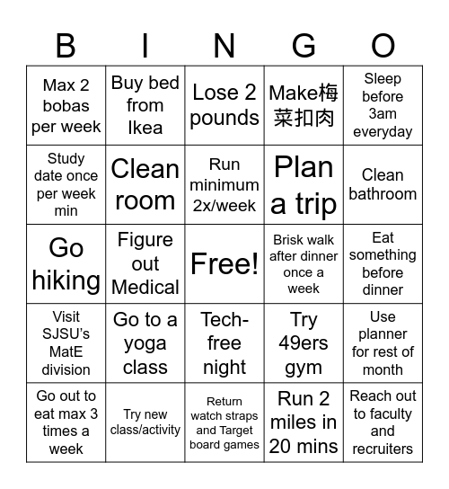 Resolution Bingo Card