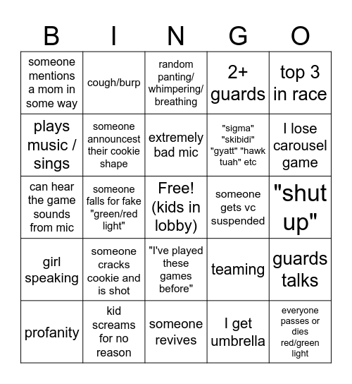 Shrimp game VC lobby Bingo Card