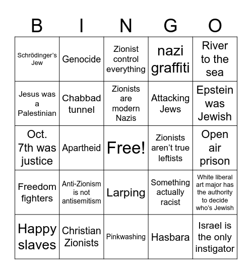 Anti-Zionist bingo Card