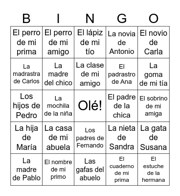 Posesivo con “de” Bingo Card