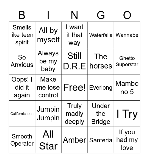 90s - Song Titles Bingo Card