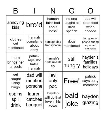 Hannah Gill Wedding Bingo Card