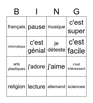 Matières à l'école Bingo Card