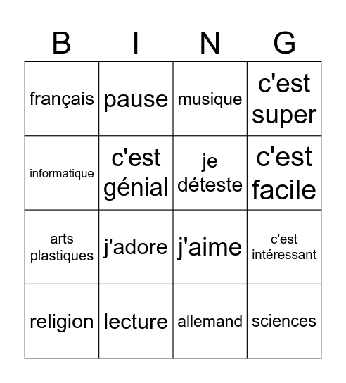 Matières à l'école Bingo Card
