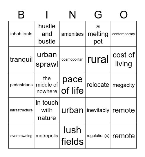 Urban & Rural Life Bingo Card