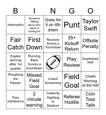 Sue's Super Bowl 2025 Football Bingo Card