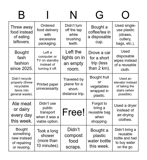 Oops, That Wasn't Sustainable! Bingo Card