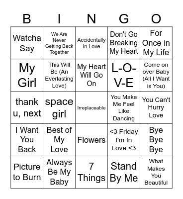 💗🥰 February Song Bingo 🥰💗 Bingo Card