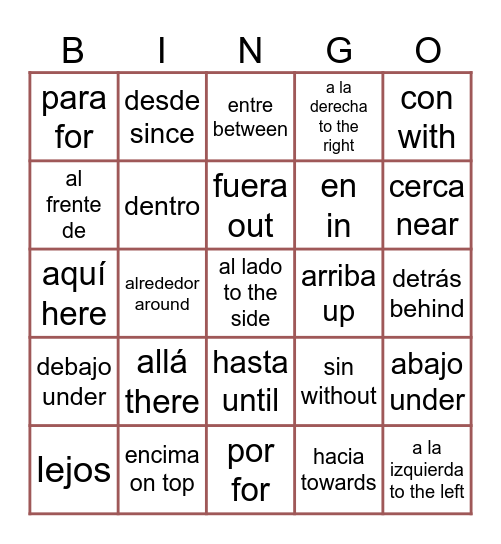 Preposiciones Bingo Card
