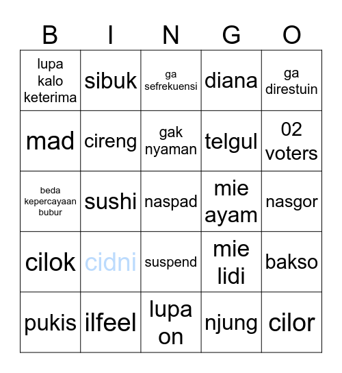 cidni bingi <3 Bingo Card