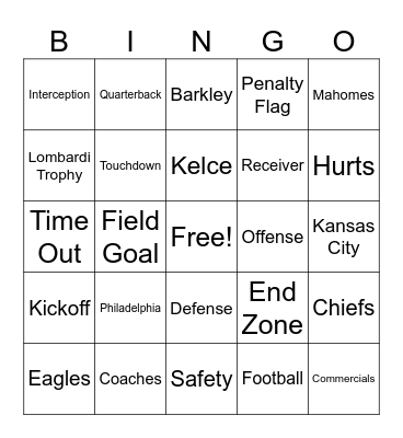 Super Bowl Bingo Card