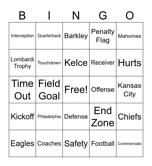 Super Bowl Bingo Card