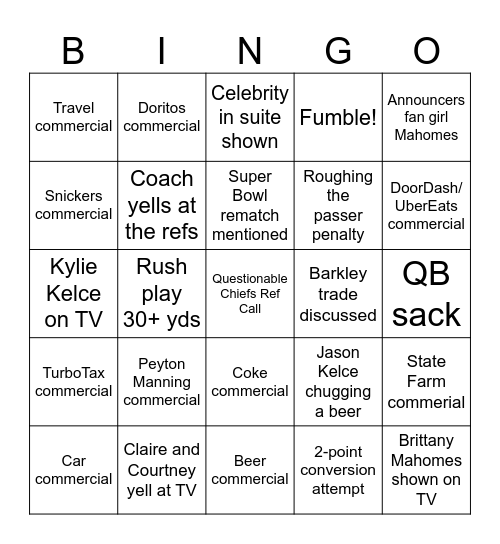 SuperBowl LIX BINGO 2025 Bingo Card