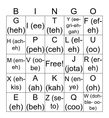Spanish Alphabet Bingo Card