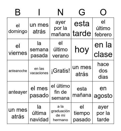 El Pretérito y Expresiones en Pasado Bingo Card