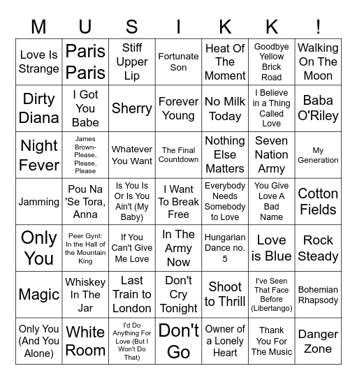 Vinstogo Musikkbingo Card