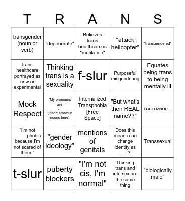 Transphobia Bingo Card