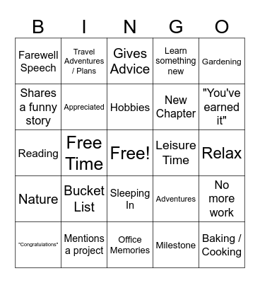 Sandra's Retirement Bingo Card