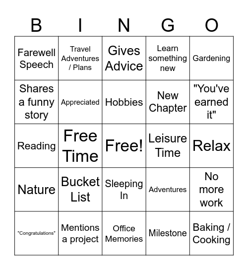 Sandra's Retirement Bingo Card